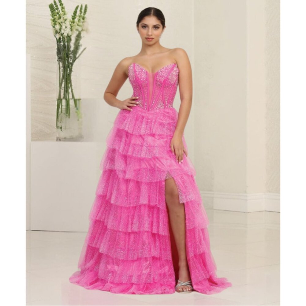 Fuchsia Evening Plunging V-Neck Strapless A-Line Dress By Royal Queen RQ8142